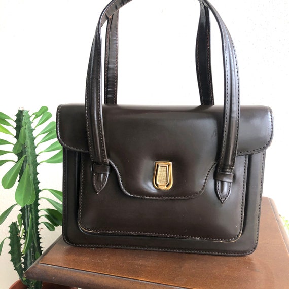 50s 60s Vintage Brown Leather Box Handbag // Top Handle Bag