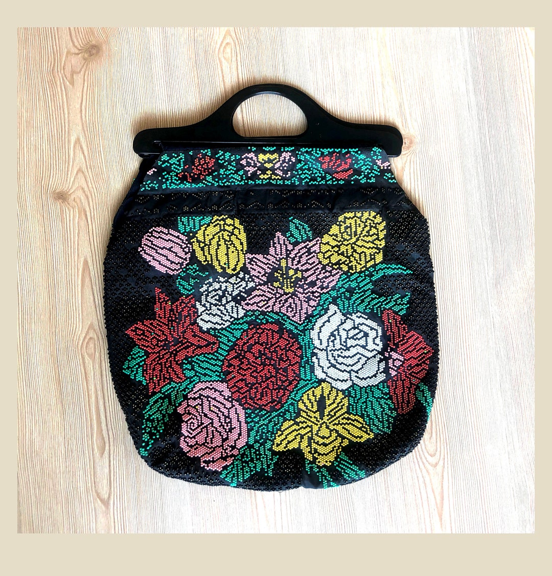 70s Vintage Beaded, Flower Beadwork Tote Top Handle Bag Etsy