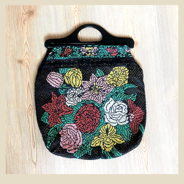 Sac à poignée supérieure perlé vintage des années 70, perles de fleurs