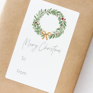 Christmas Present Sticker Tag, Modern Christmas Wreath Sticker Design, Present Label, Custom Holiday Tag