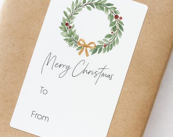 Christmas Present Sticker Tag, Modern Christmas Wreath Sticker Design, Present Label, Custom Holiday Tag