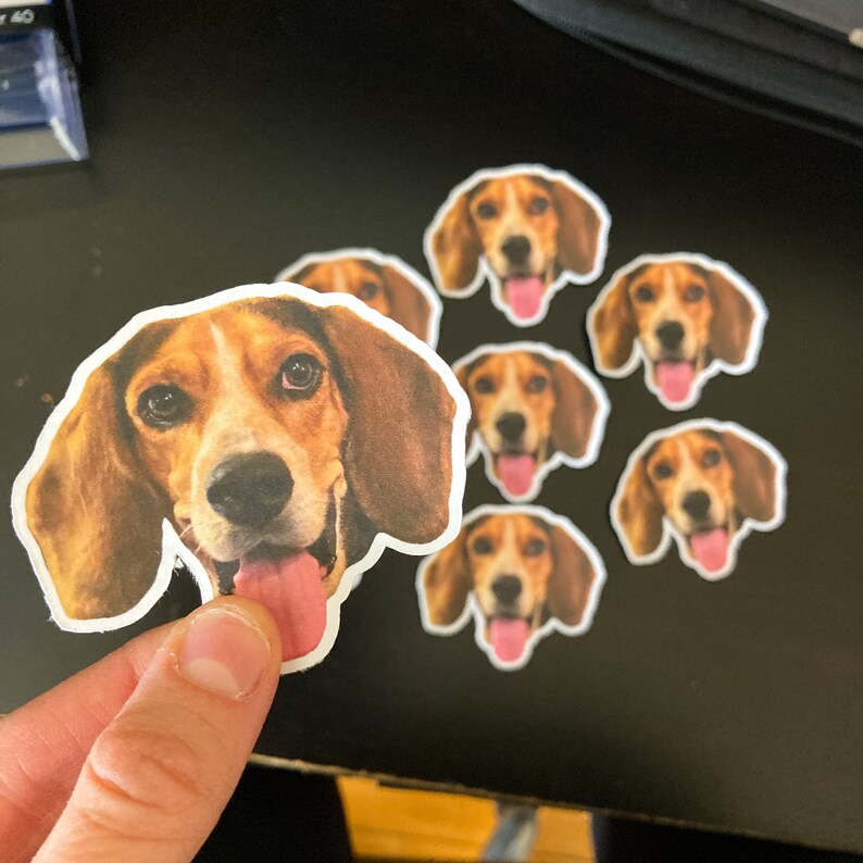 May include: A set of seven stickers featuring a beagle dog with brown and white fur. The stickers are printed on white paper and have a glossy finish.