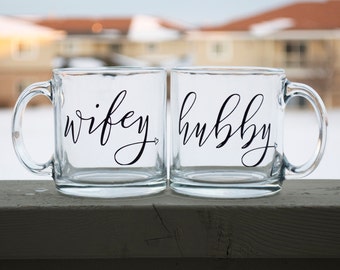 Wifey and Hubby Clear Coffee Mugs, Mr. and Mrs. Coffee Mugs, Coffee Mugs, Wedding Gift, Bridal Shower Gift, Engagement Gift