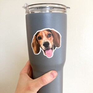 May include: A gray stainless steel travel mug with a sticker of a beagle dog with brown and white fur and a pink tongue sticking out.