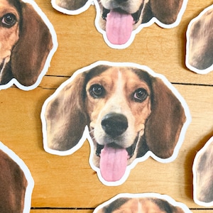 May include: Five printed images of a beagle dog's face with a pink tongue sticking out. The images are on a light brown wooden surface.