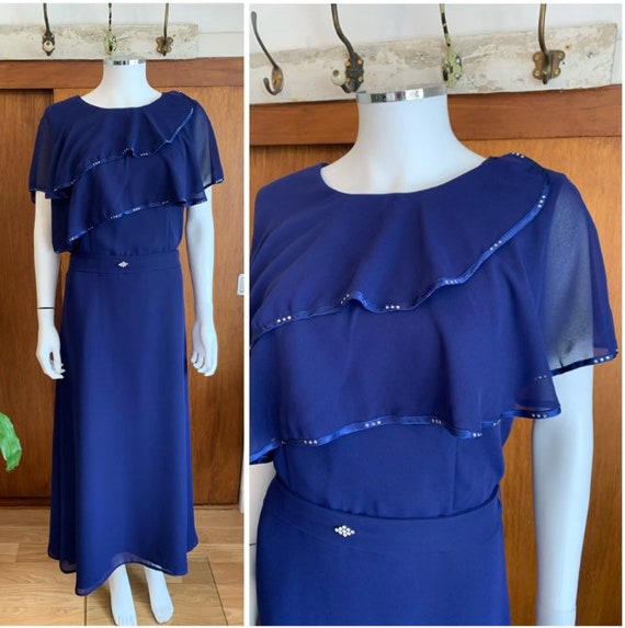 1970s vintage navy blue chiffon maxi dress with diama… - Gem