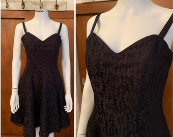 1980s Vintage Black Lace Fit & Flare Evening Prom Cocktail Party Dress  Medium 12 Layered Skirt Spaghetti Straps 80s Corset 