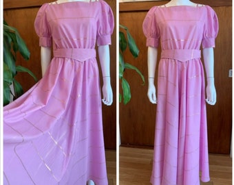 Vintage 1970’s Pastel boho prairie maxi dress full circle skirt gold