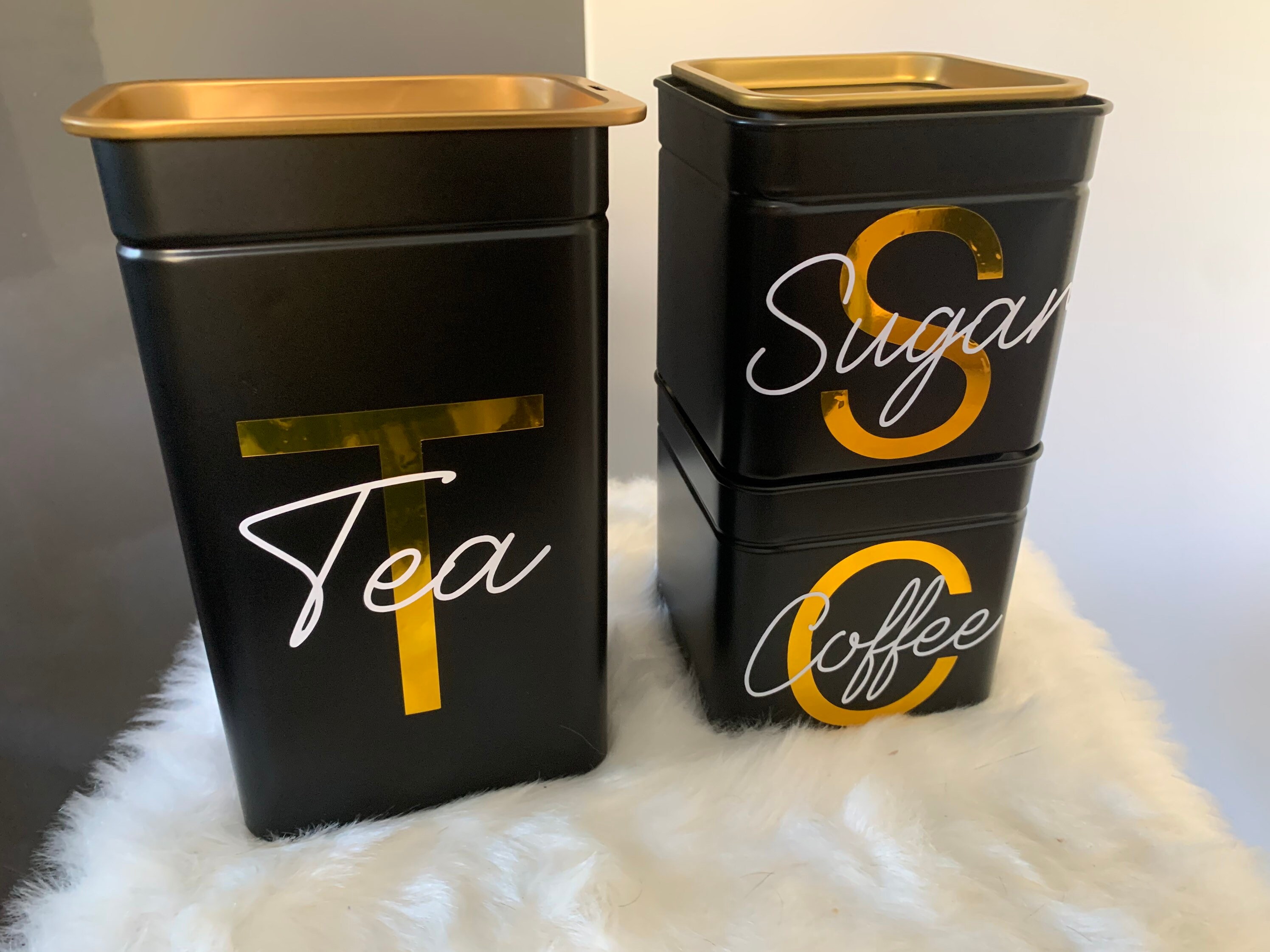 Set of 3 black and gold kitchen canister tin set. Tea. Coffee. Etsy