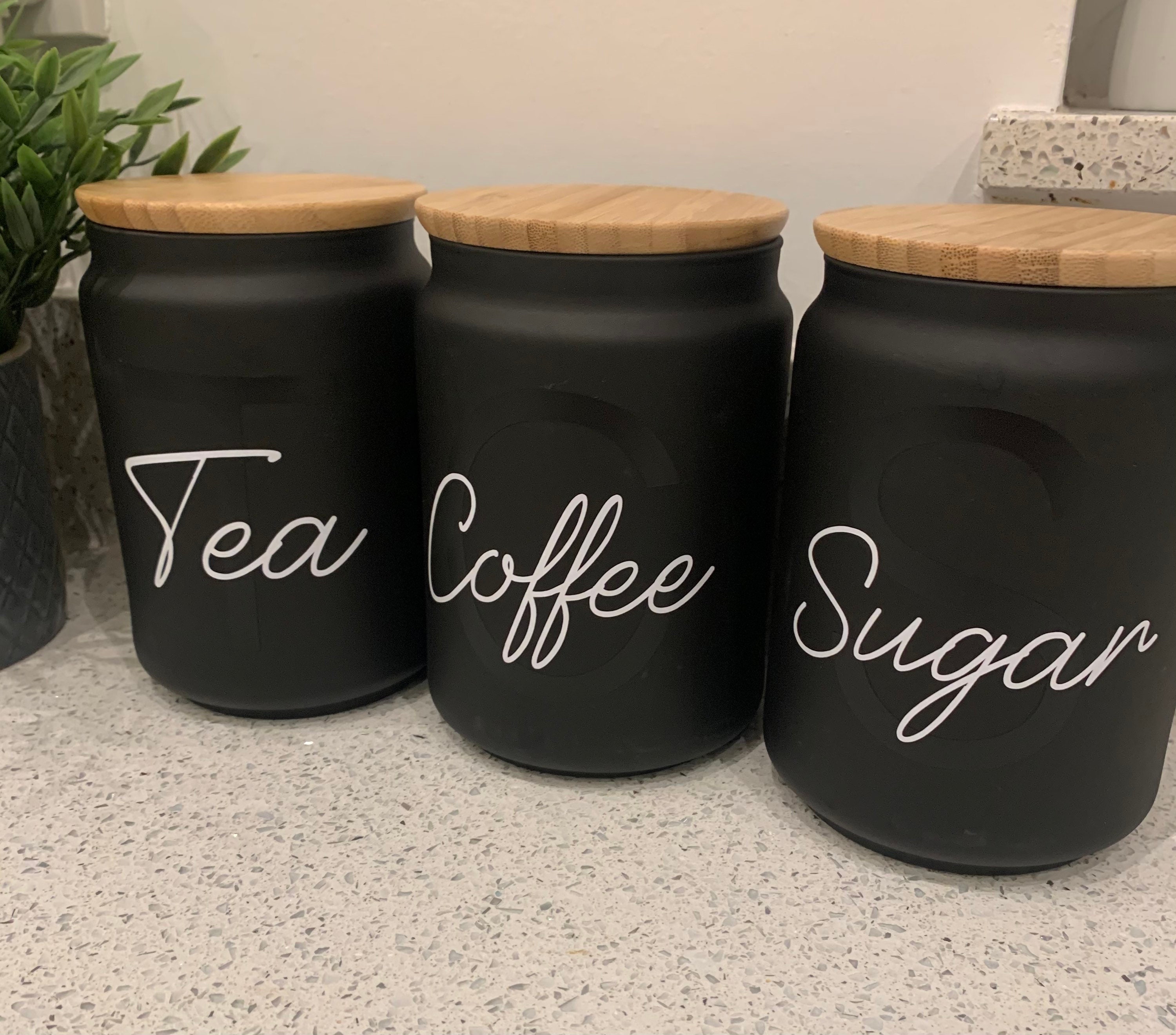 Set of 3 matte black kitchen canisters with bamboo lid. Tea Etsy