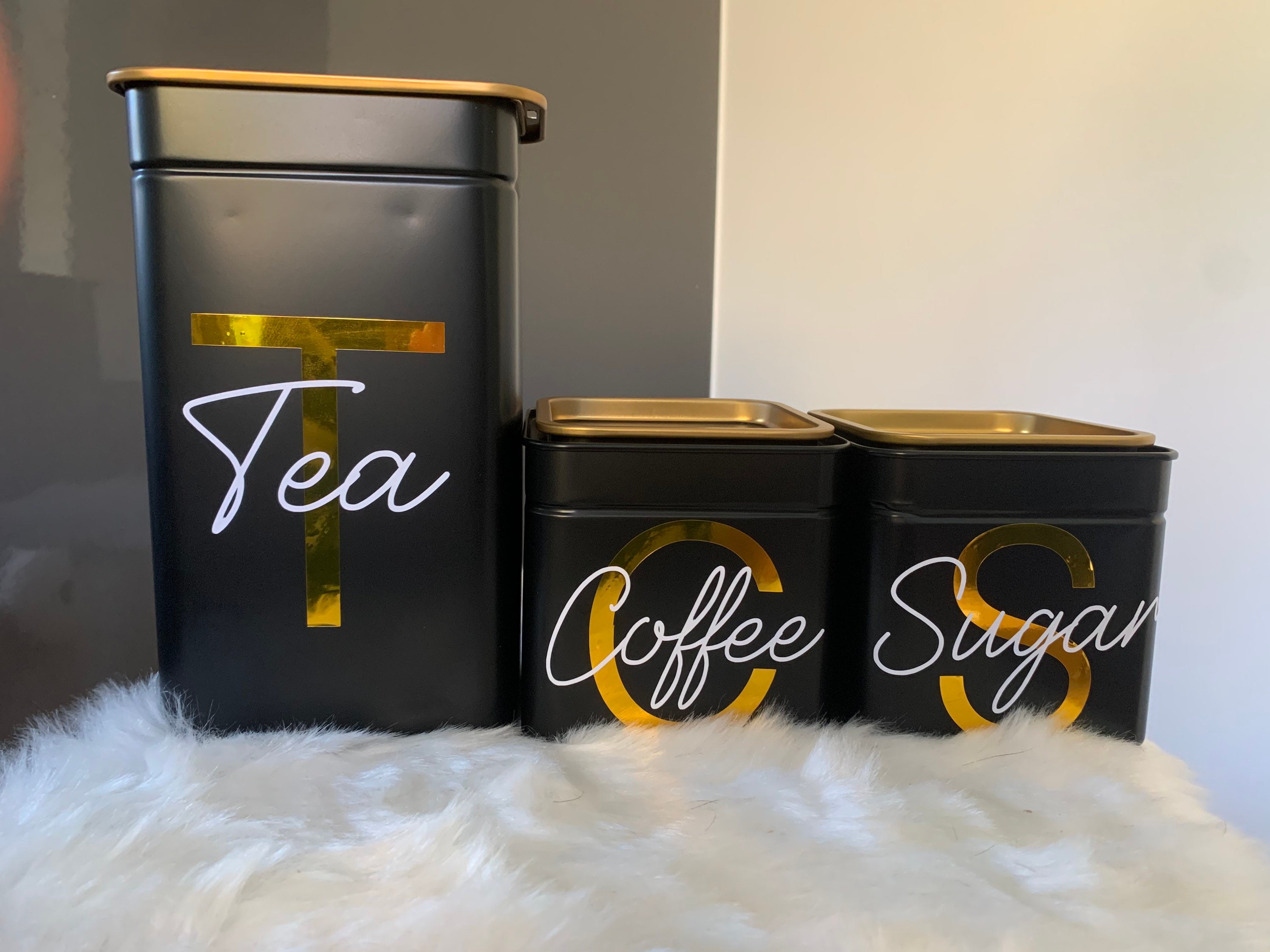 Set of 3 black and gold kitchen canister tin set. Tea. Coffee. Etsy