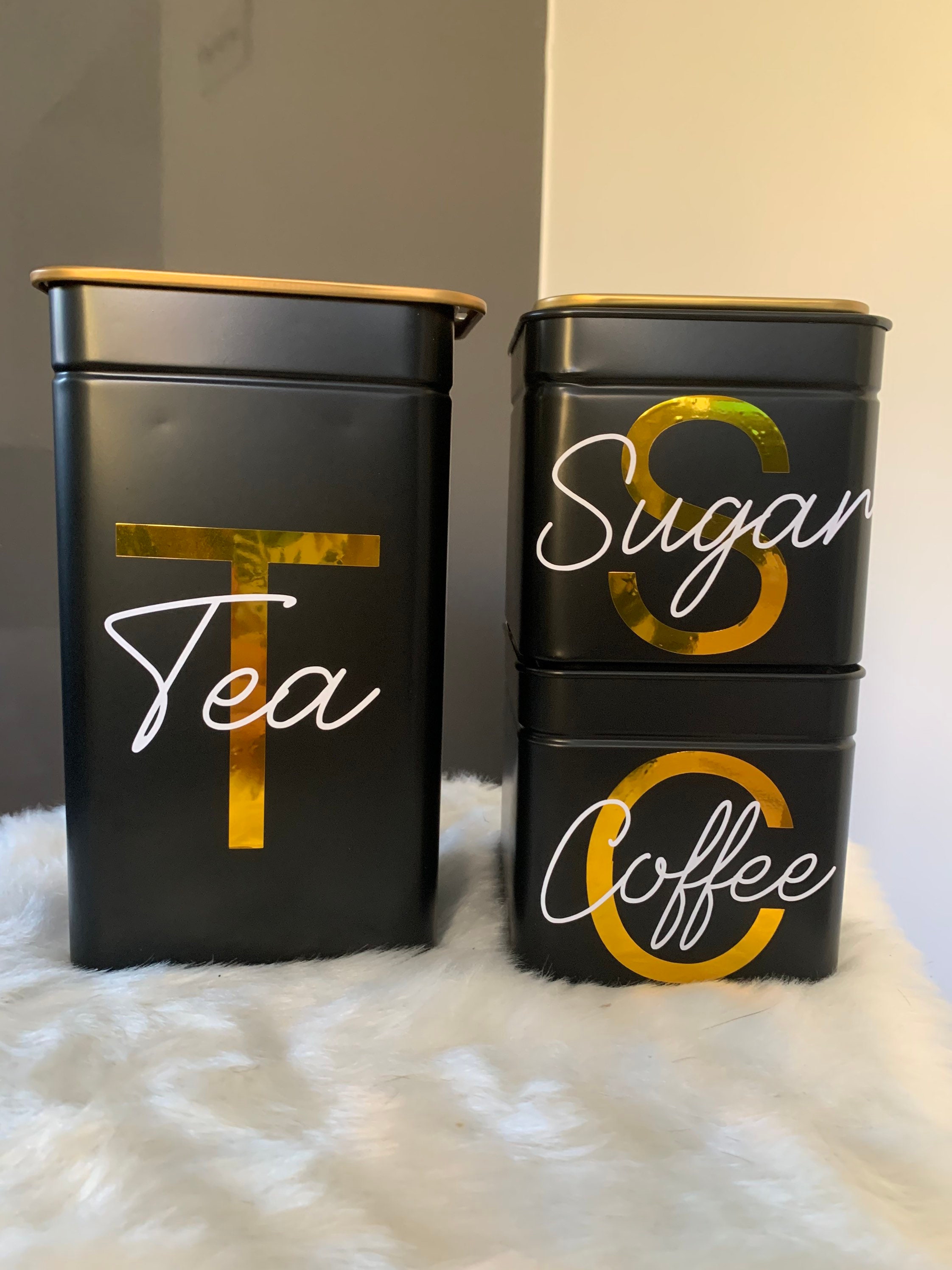 Set of 3 black and gold kitchen canister tin set. Tea. Coffee. Etsy