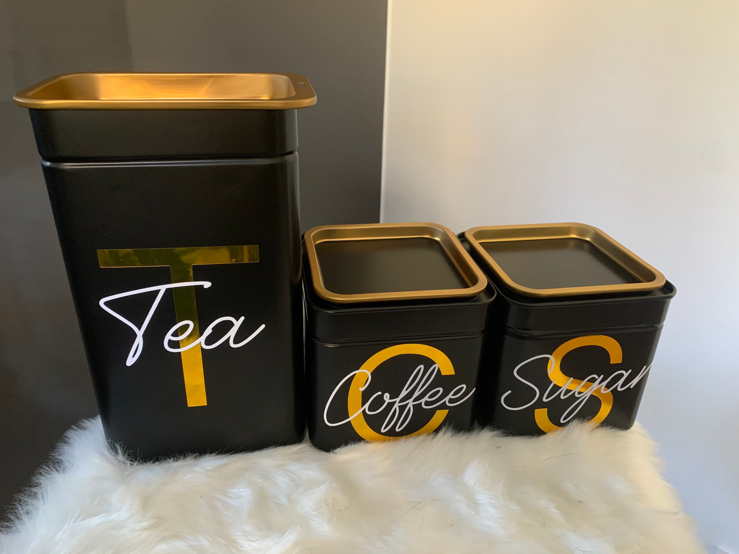 Set of 3 black and gold kitchen canister tin set. Tea. Coffee. Etsy