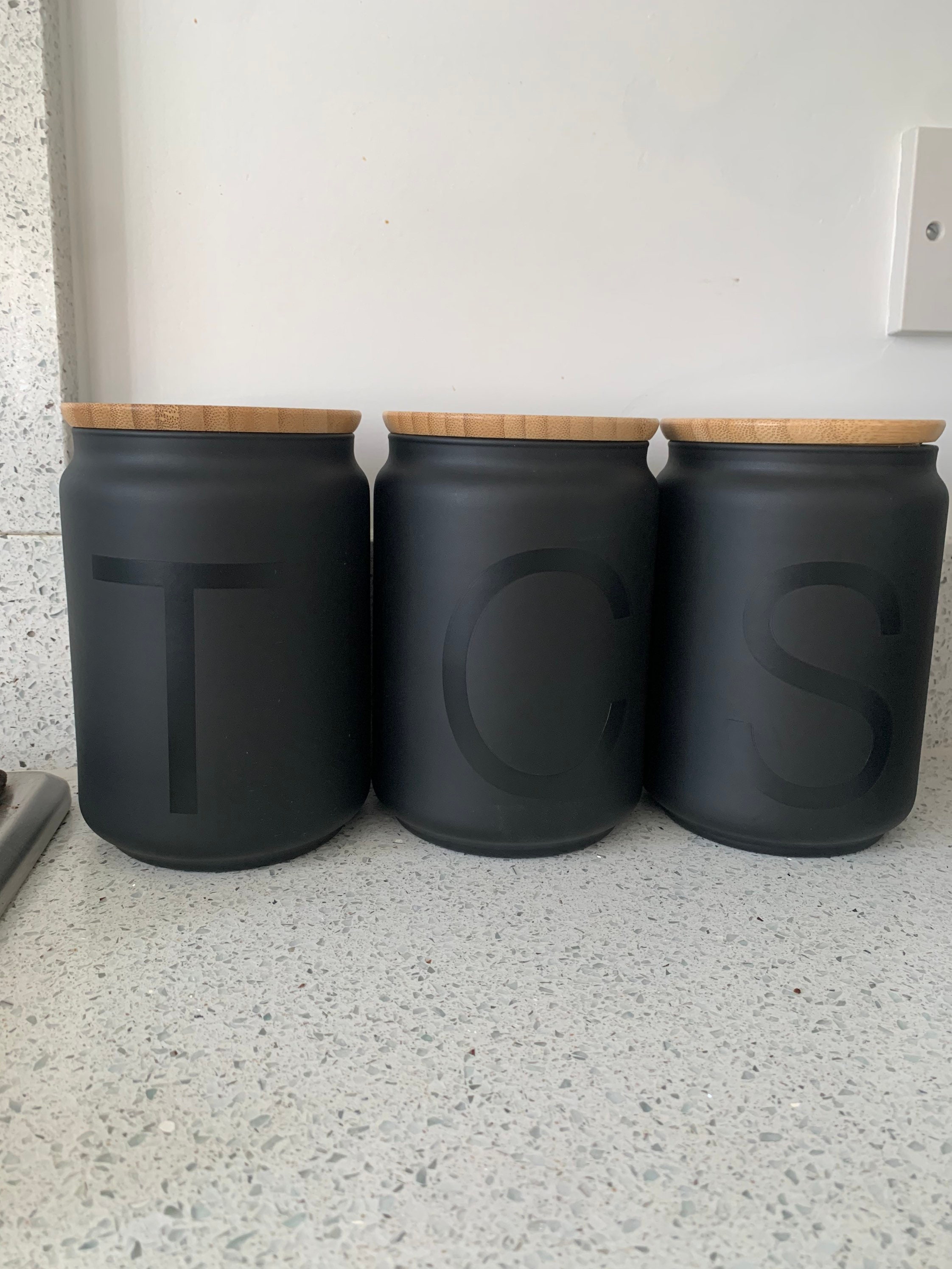 Set of 3 matte black kitchen canisters with bamboo lid. Tea Etsy