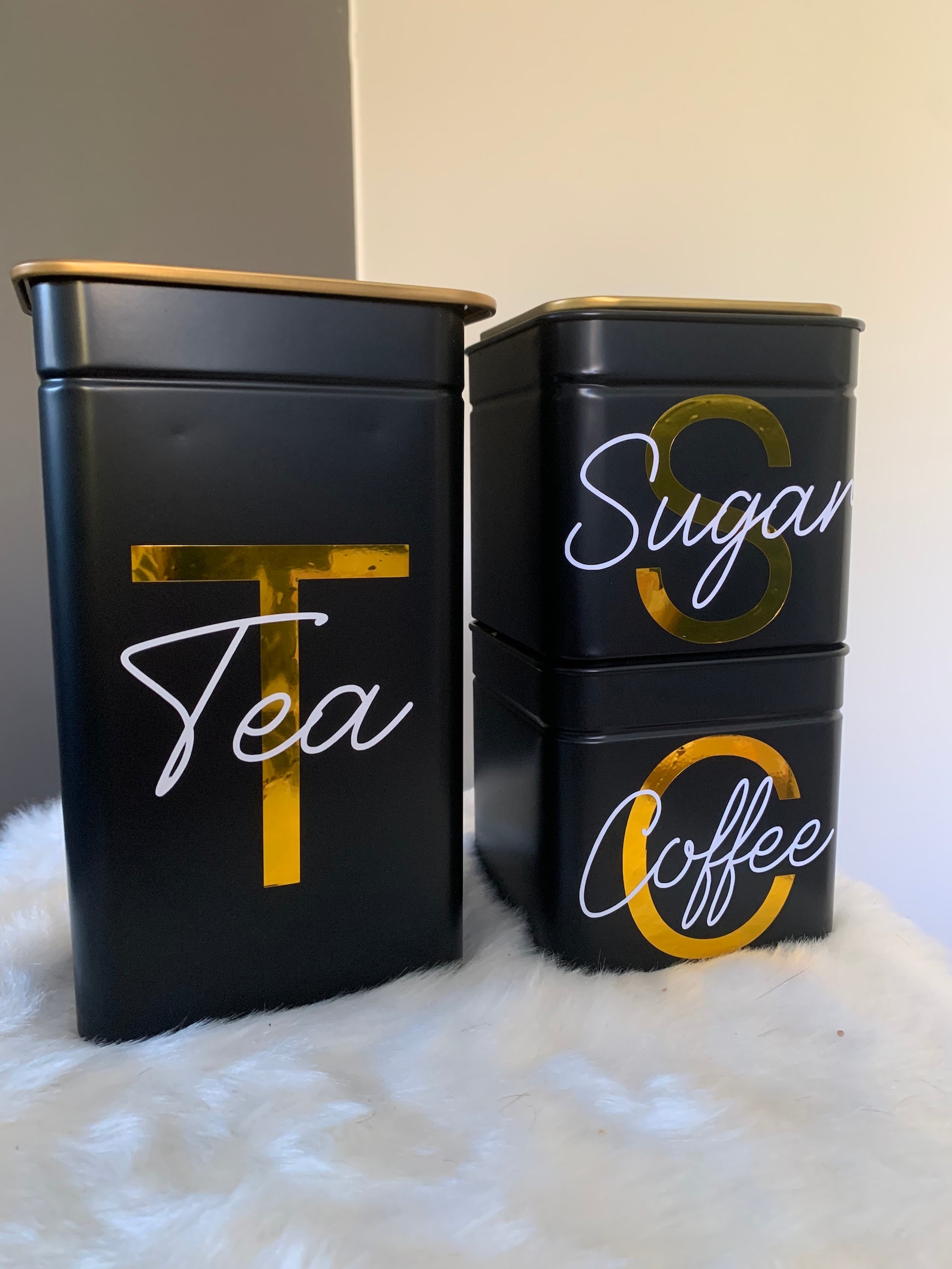 Set of 3 black and gold kitchen canister tin set. Tea. Coffee. Etsy