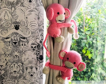 Set of Monkey Curtain Holders, Tie Back, Nursery room decor, Animals, Baby, Crochet Monkey, Safari