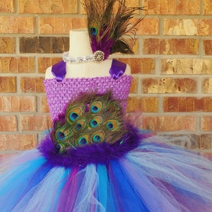 Halloween dress Peacock tutu Pageant dress Girls Peacock Dress  Father headband Purple tutu dress Birthday Dress Toddler dress Size 0m-10y