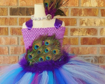 Tutu dress Peacock tutu Pageant dress Girls Peacock Dress  Father headband Purple tutu dress Birthday Dress Toddler dress Size 0m-10y