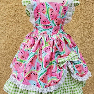Summer Girl Dress Pink Pinafore dress Toddler dress Watermelon Tea party dress Spring outfit Summer set Dress and headband Beach outfit