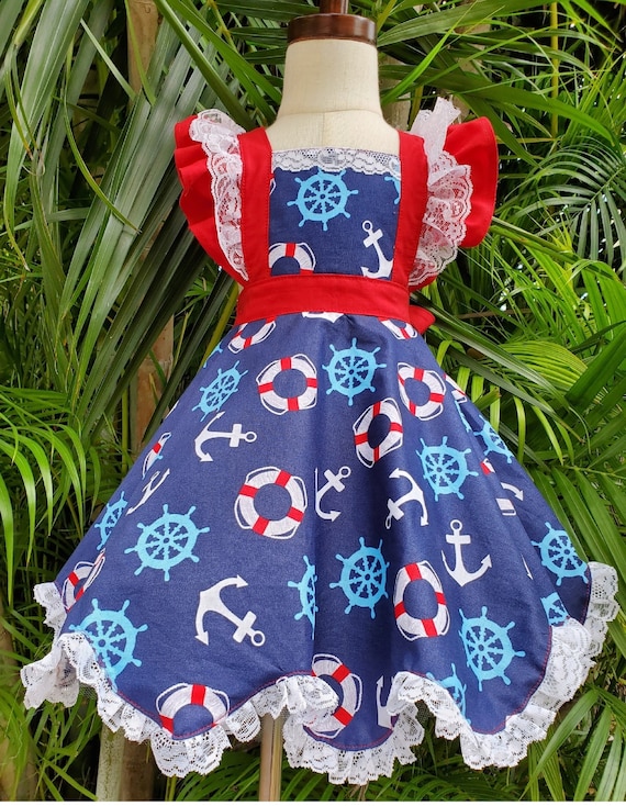 Girl dress Pinafore dress Nautical Marine Sailor dress Summer dress Toddler dress Birthday party dress Baby dress Summer outfit Size 3m-10y
