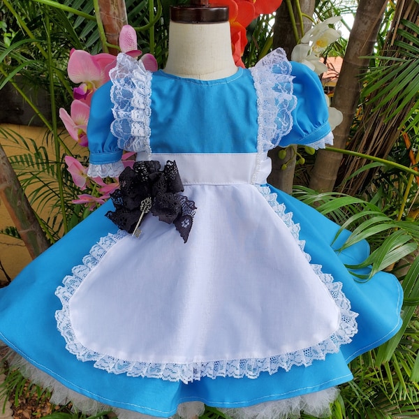 Mädchen Kleid Alice im Wunderland Kleid Alice im Wunderland Geburtstags-Outfit Alice Kleid Alice Kostüm Blaues Kleinkind Kleid Größe 0m-10y