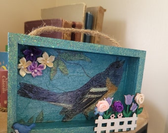 Blue Bird Decoupage Wood Shadow box embellished with fabric flowers. Home Decor