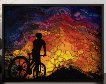 Abstract Sunset Mountain Biker Art Print, Paint Pour Blaze Of Glory Poster
