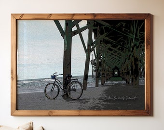 Tranquil Beach Cruiser Poster - Serene Bike on Shoreline Art - Neutral Tones Seascape Print