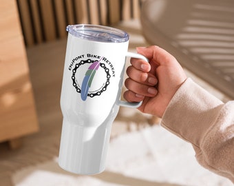 Stainless steel travel mug with a handle - DuPont Bike Retreat logo on both sides