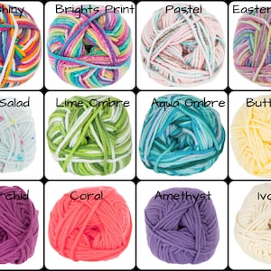 May include: Twelve balls of yarn in various colors and patterns, including "Sunshiny", "Brights Print", "Pastel", "Eastern Nova", "Fruit Salad", "Lime Ombre", "Aqua Ombre", "Buttercup", "Hot Orchid", "Coral", "Amethyst", and "Ivory".