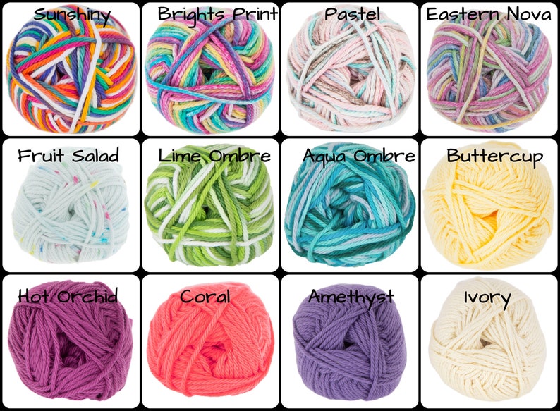 May include: Twelve balls of yarn in various colors and patterns, including "Sunshiny", "Brights Print", "Pastel", "Eastern Nova", "Fruit Salad", "Lime Ombre", "Aqua Ombre", "Buttercup", "Hot Orchid", "Coral", "Amethyst", and "Ivory".