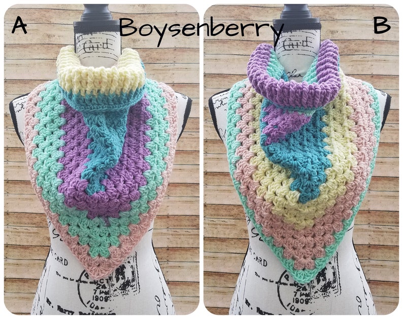 May include: A crocheted cowl in shades of pink, green, yellow, and purple. The cowl is displayed on a mannequin. The text "Boysenberry" is visible in the image.