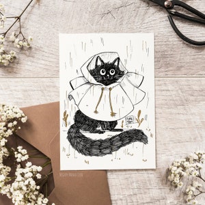 Carte Postale Chat Noir Pluie et imperméable