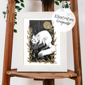 Illustrazione originale su carta da acquerello A5 - Volpe Mistica - 2020 - Feltro nero e oro - Totem animale