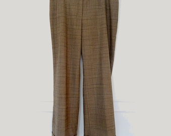 Vintage JONES New York SIGNATURE Wool Mix Taupe PLAID Trousers 14P...Wide Leg with Cuff...Fully Lined