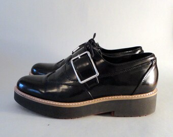 Chunky Zara Woman 1950s Style Buckle Brogues / Rockabilly Rubber SolesEU37/UK4Black Patent Faux LeatherWorn Once.