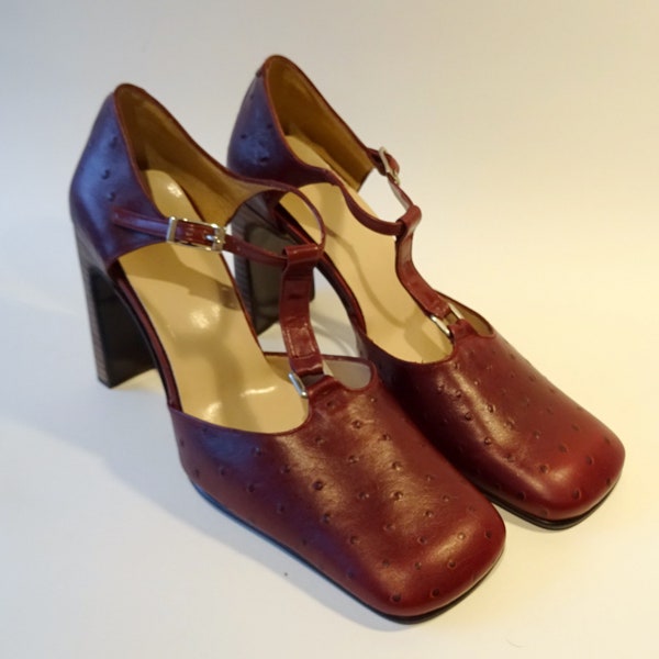 90s One-Off DESIGNER'S Sample Shoes T-Bar Sq Toe, 4" Heel / UK4 EU37 / Burgundy FAKE SNAKE Leather