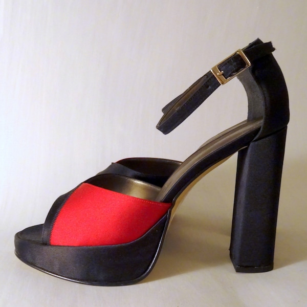 90s One-Off DESIGNER'S Sample PARTY Shoes, Red & Black SATIN, Ankle Strap, 4" Heel / UK4 EU37