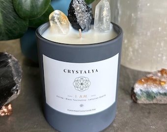 I AM Crystal-Infused Candle | Set Intentions | Protection Crystal | Abundance Crystal | Sandalwood & Saffron Scent | Coconut Wax | CRYSTALYA