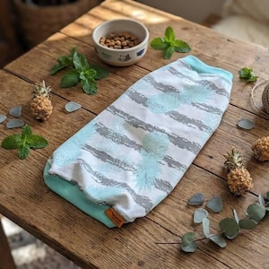 Puede incluir: Una camiseta para perros con fondo blanco, rayas grises y diseños de piña azul claro. La camiseta está sobre una mesa de madera con piñas en miniatura, hojas de menta y un cuenco pequeño con comida para perros.