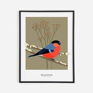 Impresión artística moderna de camachuelo común, póster de pájaro, ilustración de la naturaleza, elegante impresión botánica, idea de regalo para amantes de las aves, decoración de pared de vida silvestre, 30 x 40 cm
