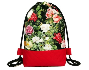 Drawstring Backpack for Women with Flower Print, Woman Gym Sack, Elegant Cinch bag