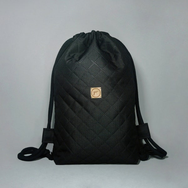 Quilted Backpack for Woman, Minimalist Backpack, Gym Backpack, Black Drawstring Backpack