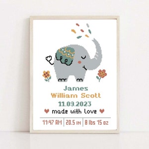 Baby Boy Birth Announcement Cross Stitch Pattern - Cute Elephant Design - Nursery Wall Decor - Personalized Baby Gift - Instant Download PDF