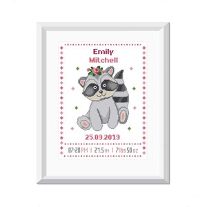 Baby Girl Raccoon Birth Announcement Cross Stitch Pattern: Nursery Wall Decor (PDF)