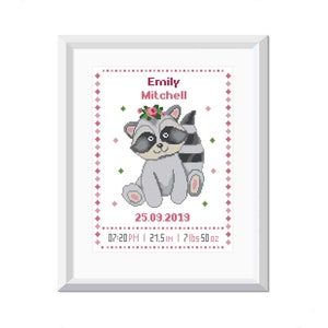 Cute Raccoon Birth announcement cross stitch pattern Girl Baby shower Gift Modern cross stitch Birth sampler Nursery decor