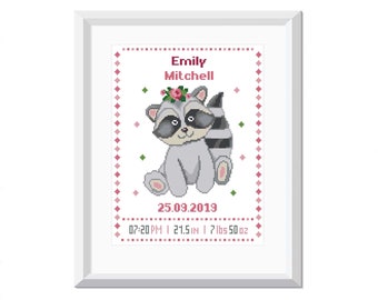 Cute Raccoon Birth announcement cross stitch pattern Girl Baby shower Gift Modern cross stitch Birth sampler Nursery decor