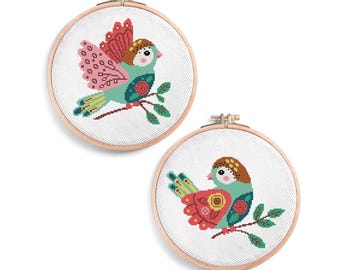 Patrón de punto de cruz de aves de arte popular: Bordado de animales moderno (patrón en PDF)