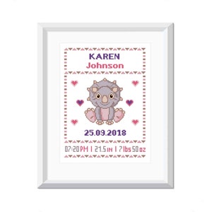 Dinosaur Triceratops cross stitch pattern Girl Birth announcement Modern cross stitch Baby shower gift Nursery decor PDF