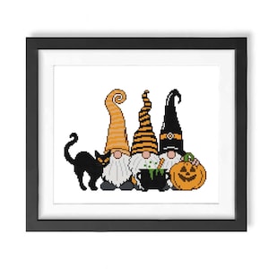 Halloween Gnome cross stitch pattern PDF Pumpkin cross stitch Gnome cross stitch Cat cross stitch Halloween gift Modern cross stitch